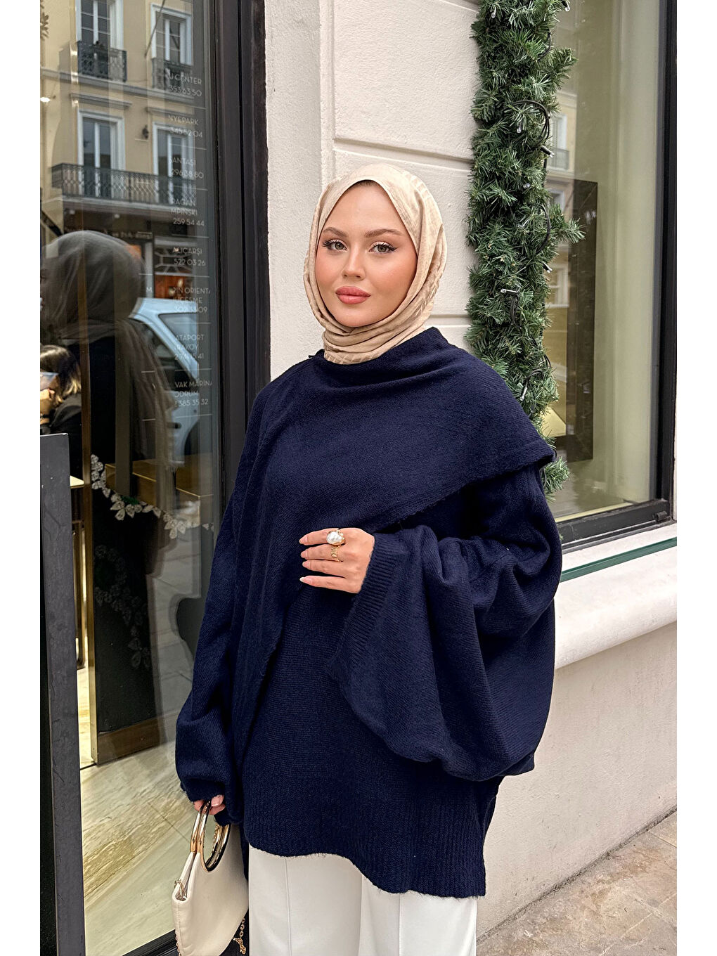 Kadın Şal Detaylı Kazak Lacivert-2