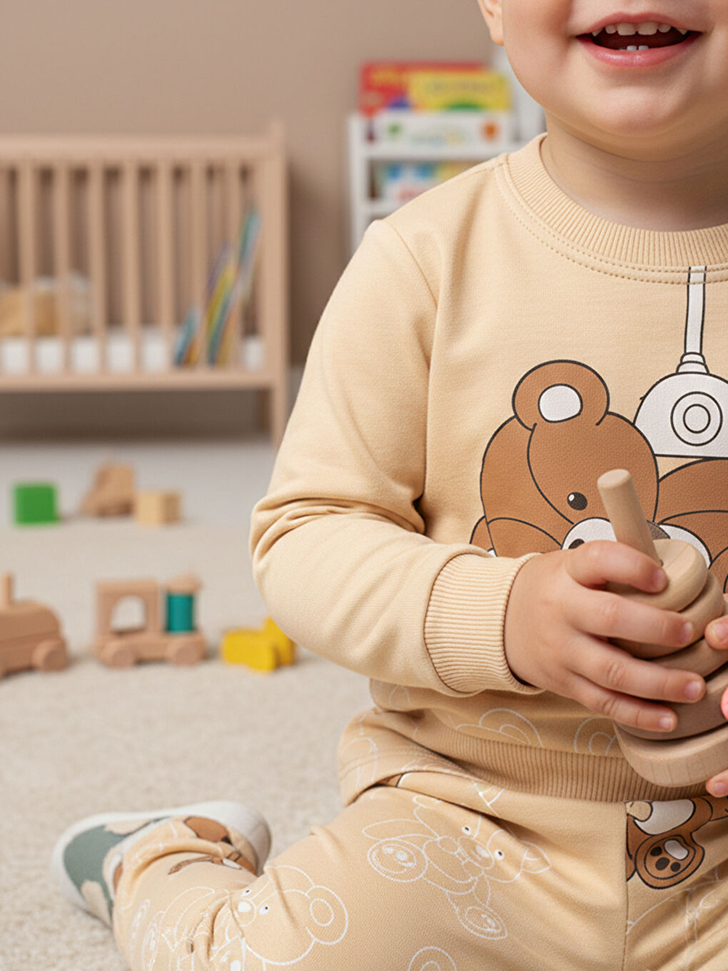 Ekru %100 Pamuklu Krem Ayıcıklı Çocuk Pijama Takımı 1-6 Yaş-4