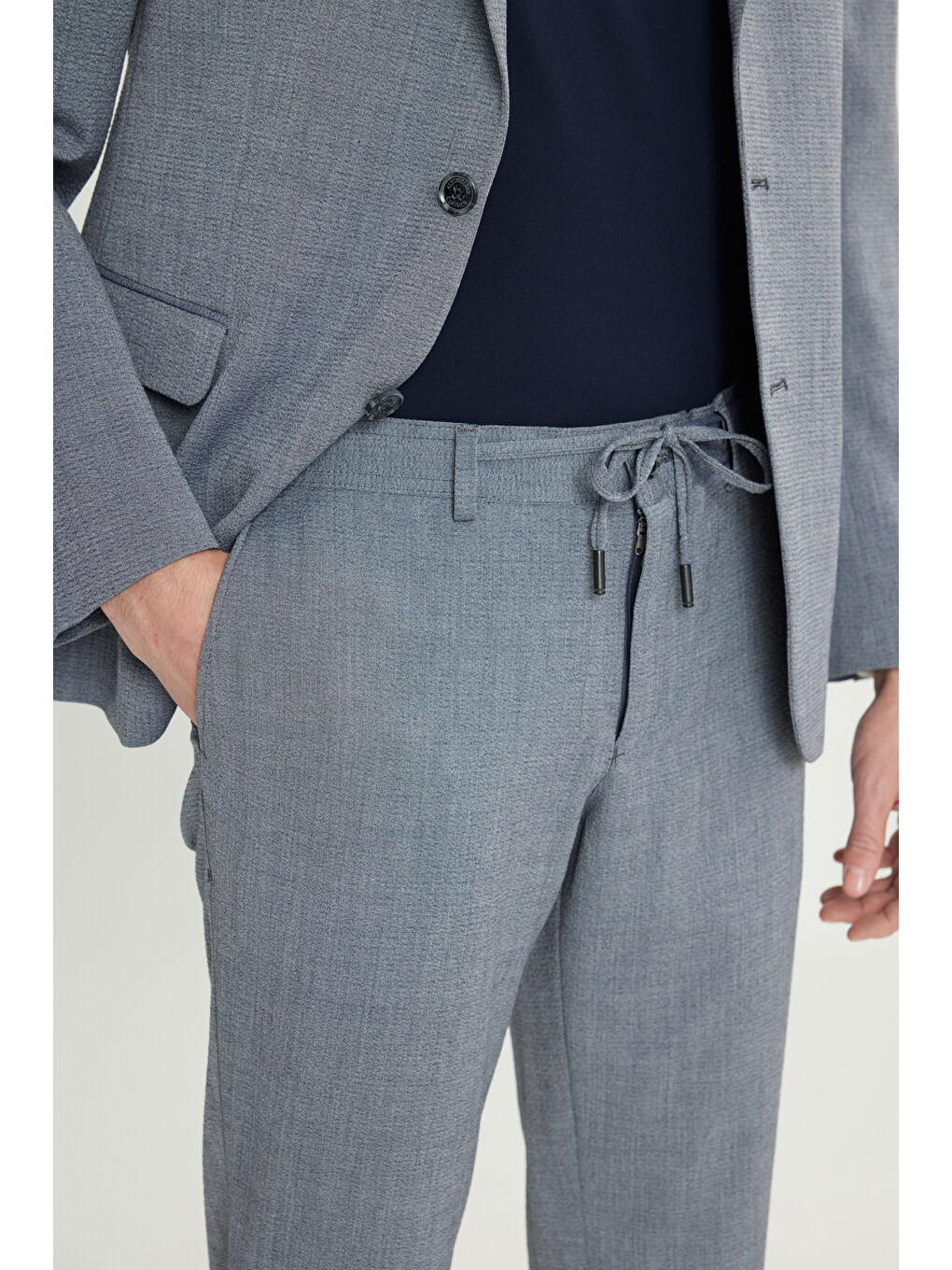 Erkek Gri Slim Fit Dar Kesim Mono Yaka Gofre Desenli Kapak Cepli Esnek Takım Elbise-4