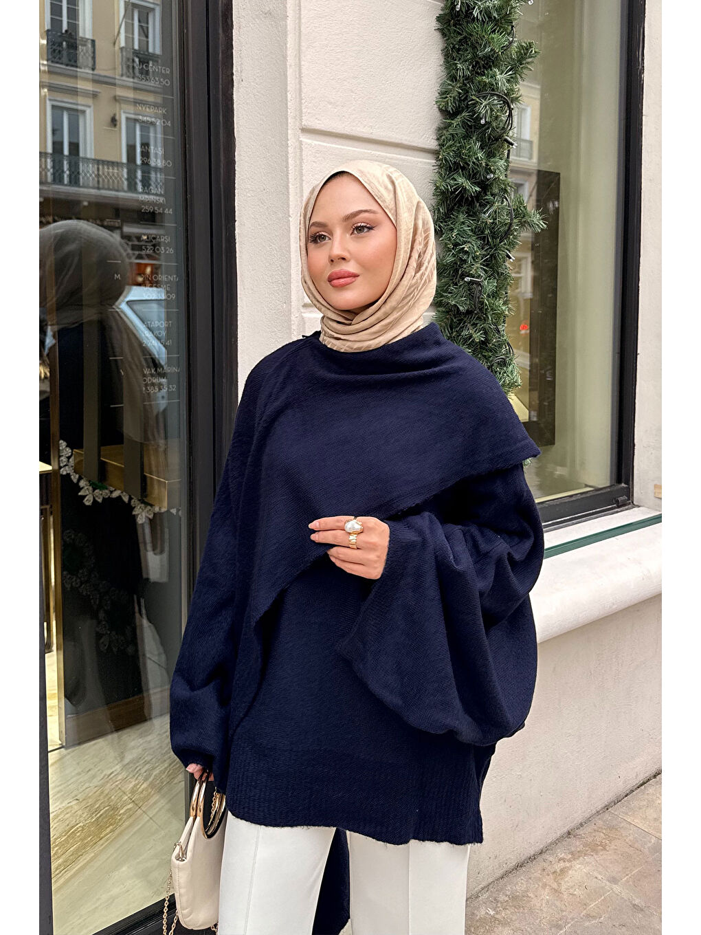 Kadın Şal Detaylı Kazak Lacivert-3