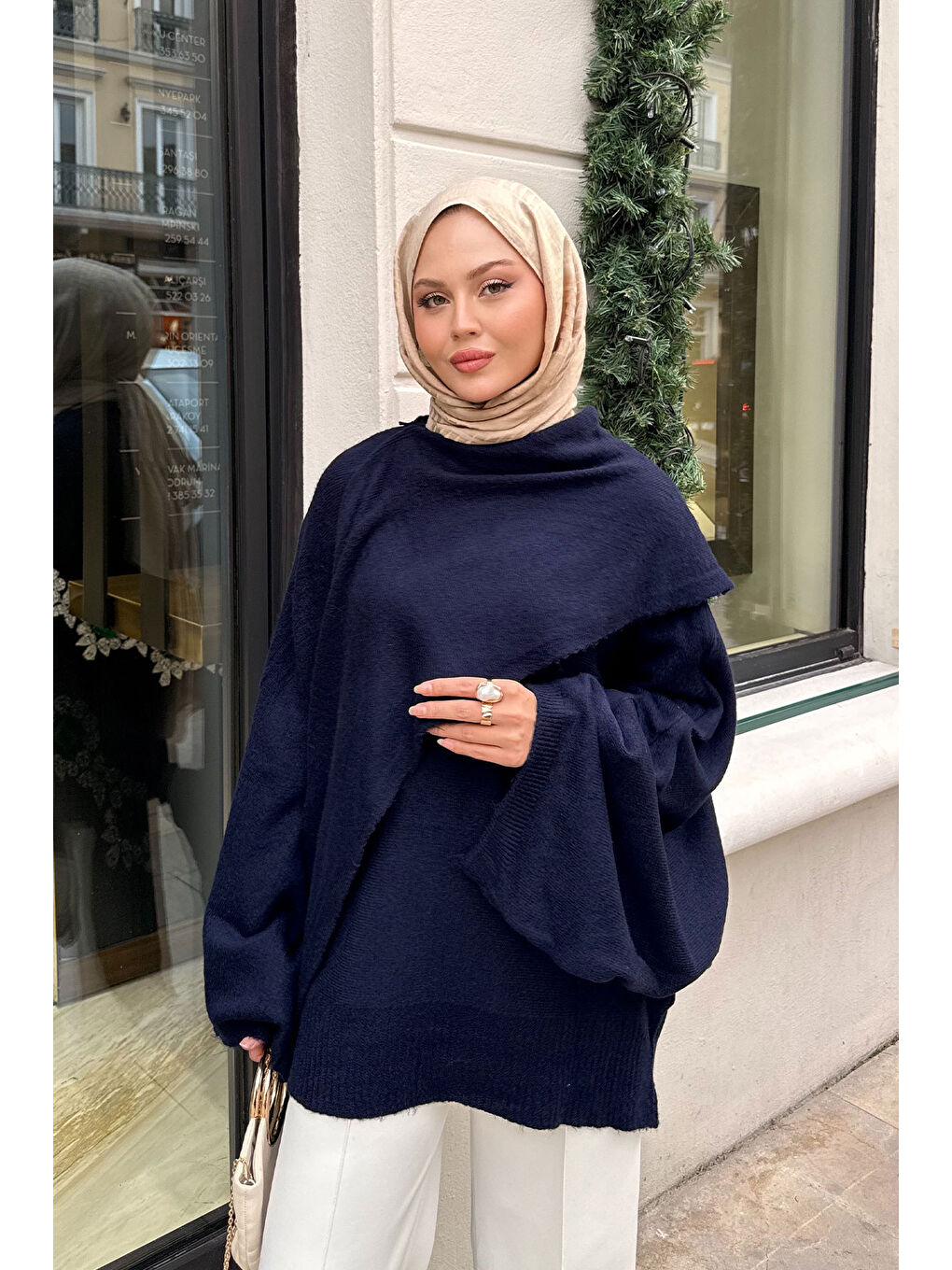 Kadın Şal Detaylı Kazak Lacivert-4
