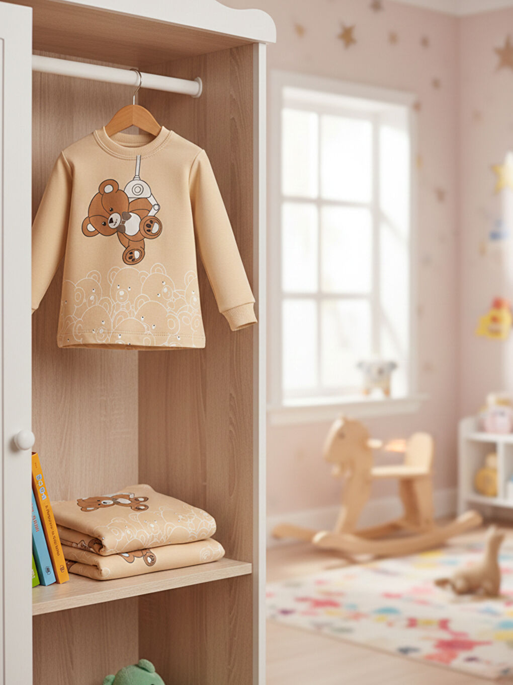 Ekru %100 Pamuklu Krem Ayıcıklı Çocuk Pijama Takımı 1-6 Yaş-5