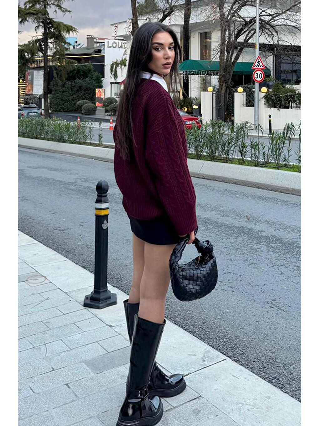 Bordo Bisiklet Yaka Oversize Triko Kazak Mg2009-2