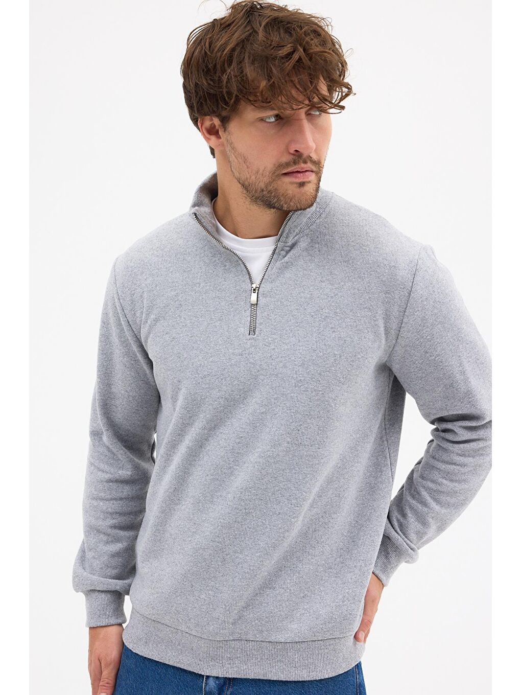 Erkek Gri Standart Fit Normal Kesim Pamuklu Yarım Fermuarlı Dik Yaka Pamuklu Sweatshirt-2