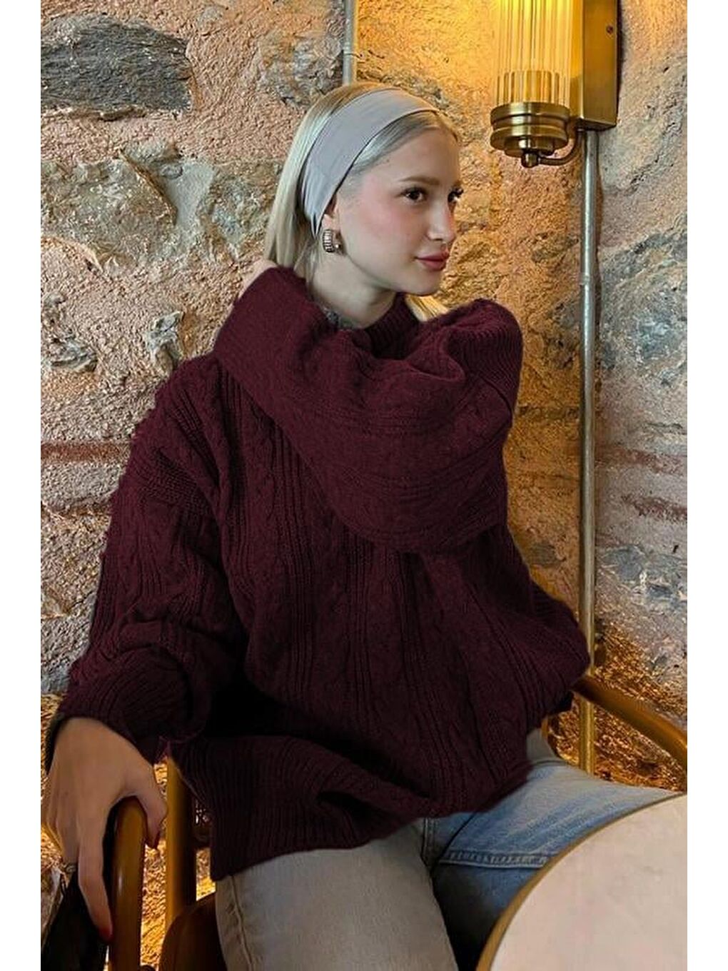 Bordo Bisiklet Yaka Oversize Triko Kazak Mg2009-3