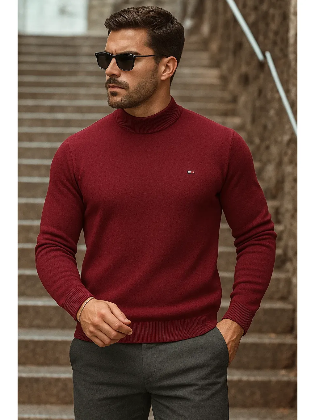 Erkek Yarım Boğazlı Premium Bordo Triko Kazak-1