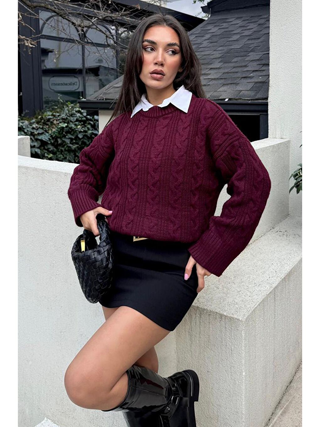 Bordo Bisiklet Yaka Oversize Triko Kazak Mg2009-4