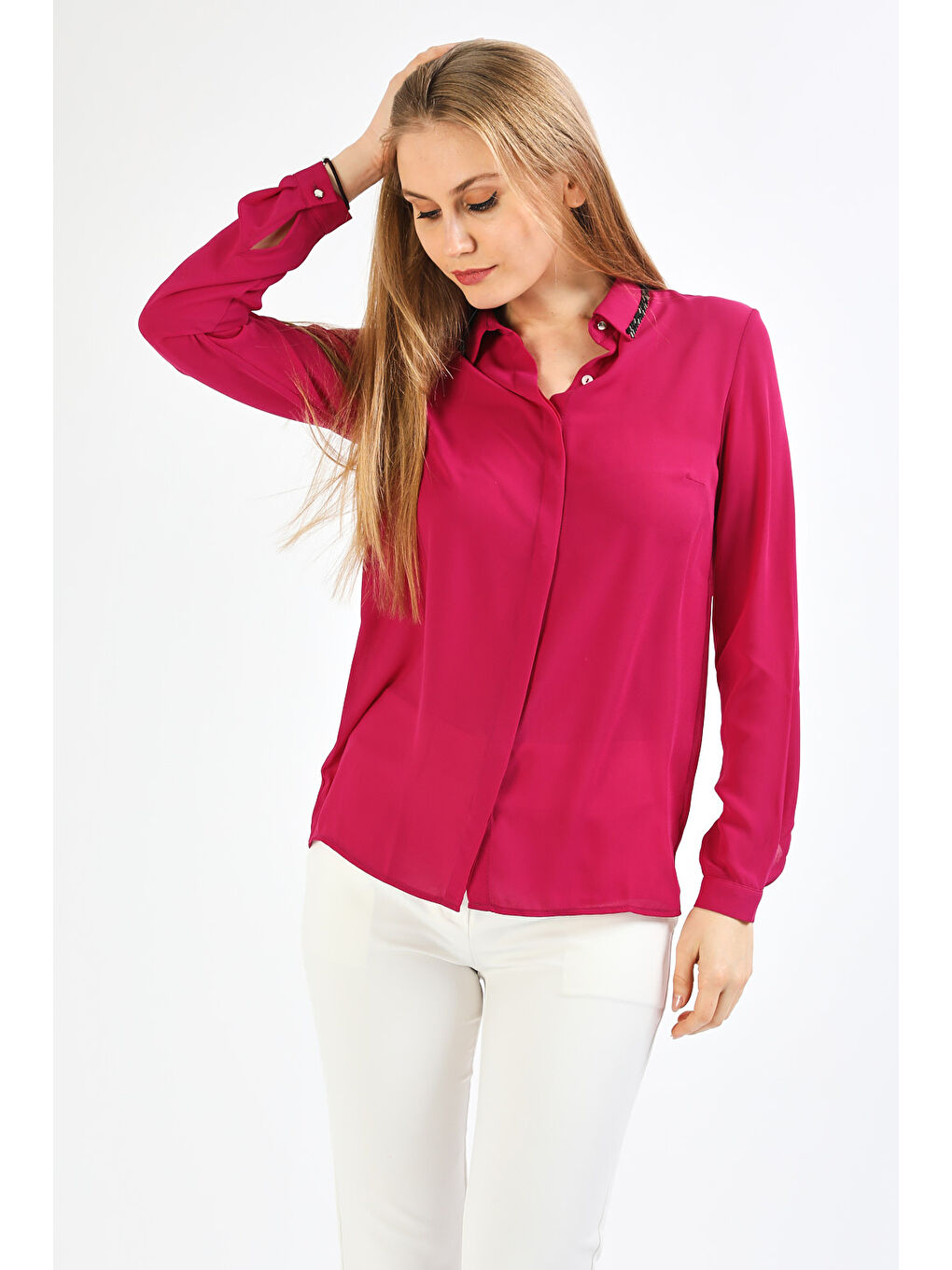 Fuşya Yakası Boncuk Özellikli Gömlek-2