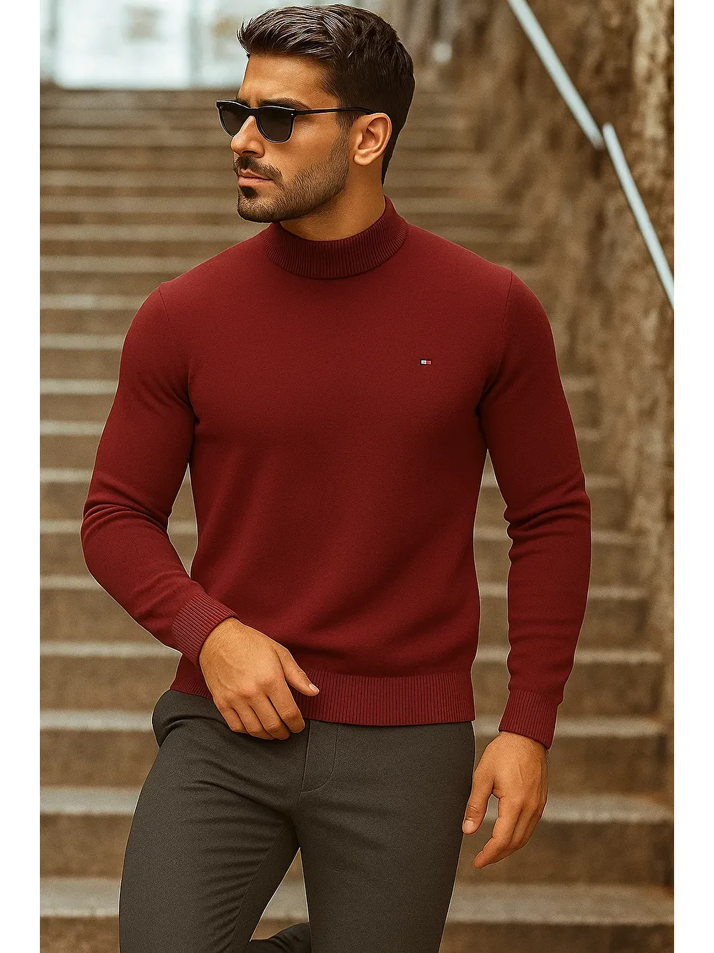 Erkek Yarım Boğazlı Premium Bordo Triko Kazak-2