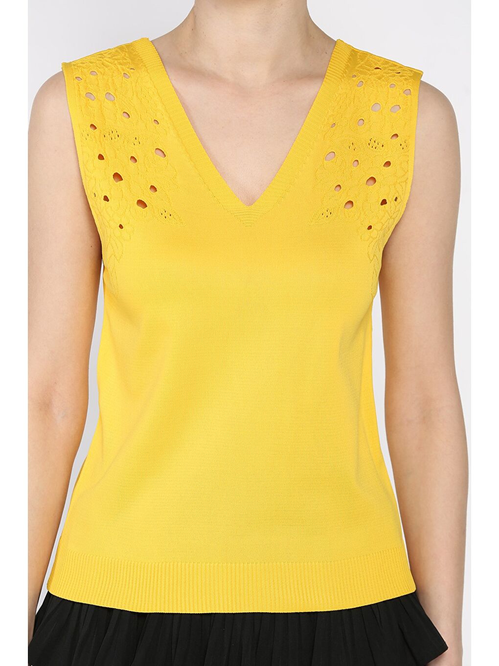 Sarı Kadın V Yaka Sıfır Kol Triko Bluz-3