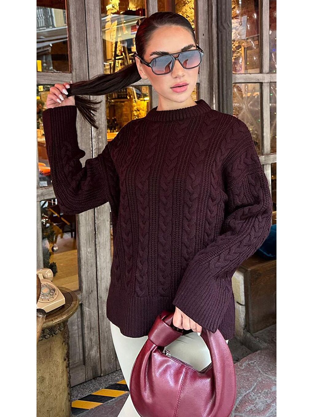 Bordo Bisiklet Yaka Oversize Triko Kazak Mg2009-6