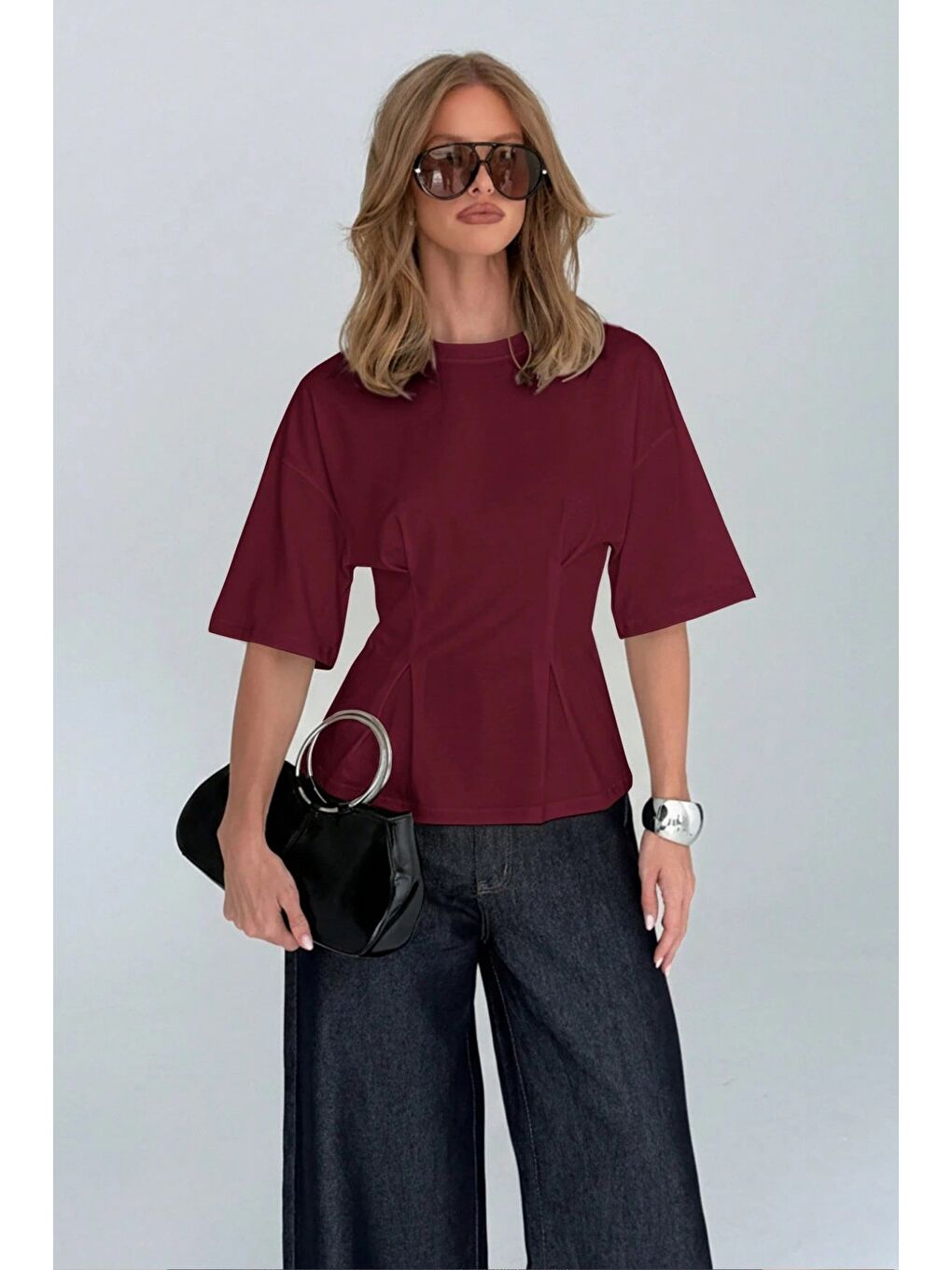 Bordo Kadın Oversize Basic Tişört Pile Detaylı Rahat Kesim Günlük Kombin