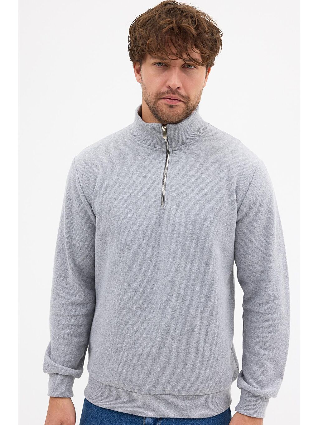 Erkek Gri Standart Fit Normal Kesim Pamuklu Yarım Fermuarlı Dik Yaka Pamuklu Sweatshirt-3