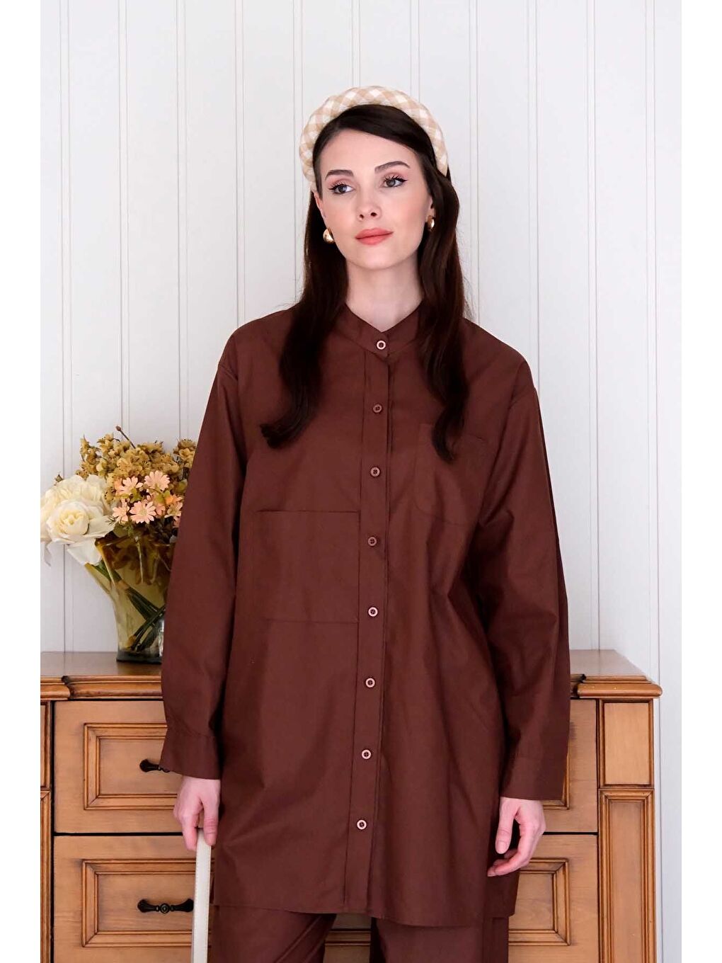 Kahverengi Acı Kahve Çapraz Cep Detay Gömlek