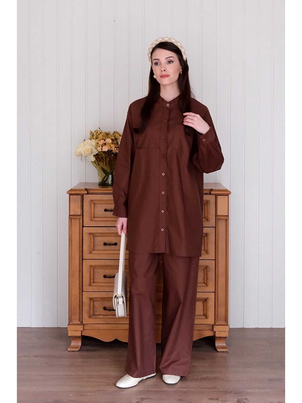 Kahverengi Acı Kahve Çapraz Cep Detay Gömlek-2