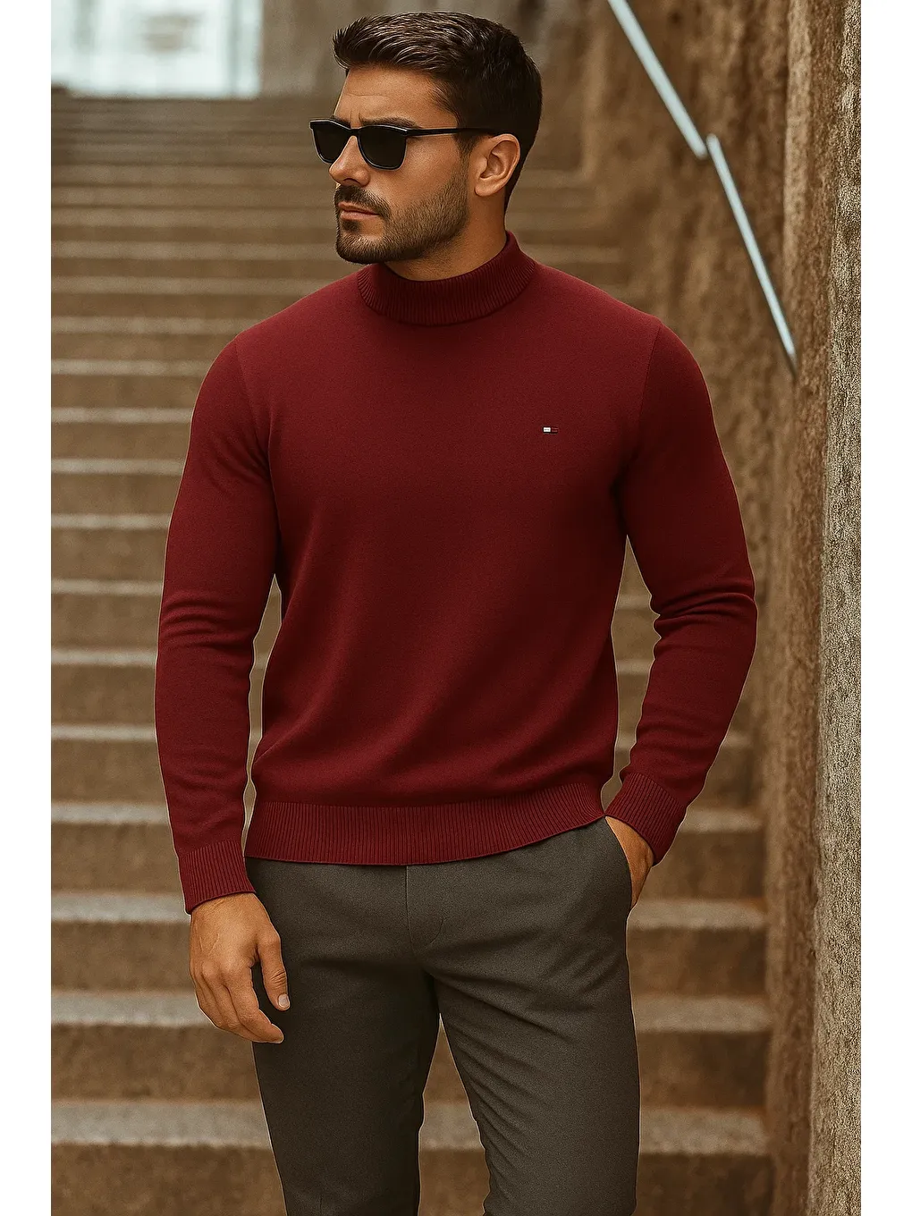 Erkek Yarım Boğazlı Premium Bordo Triko Kazak-3