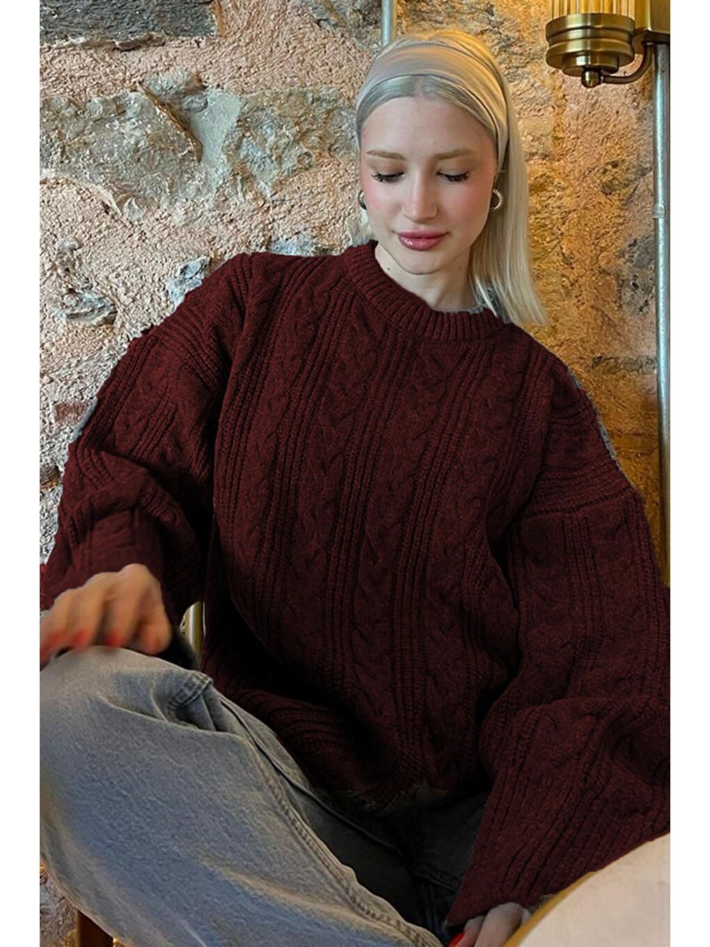 Bordo Bisiklet Yaka Oversize Triko Kazak Mg2009-7