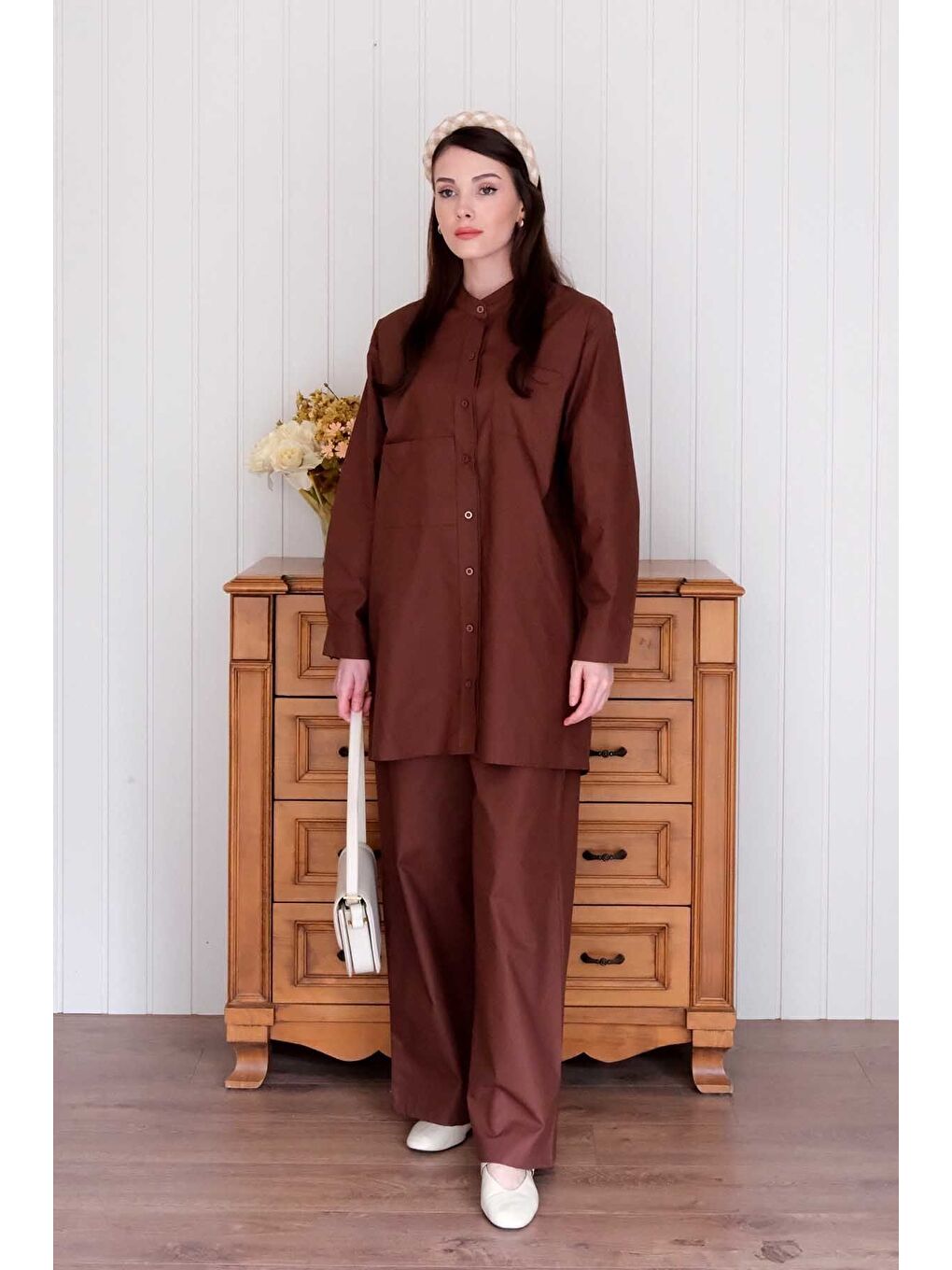 Kahverengi Acı Kahve Çapraz Cep Detay Gömlek-5