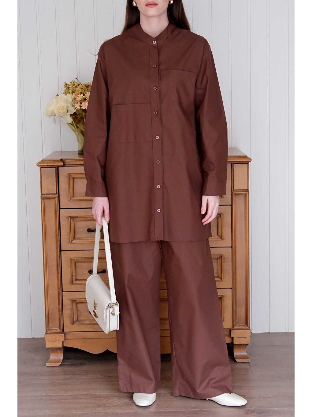 Kahverengi Acı Kahve Çapraz Cep Detay Gömlek-6