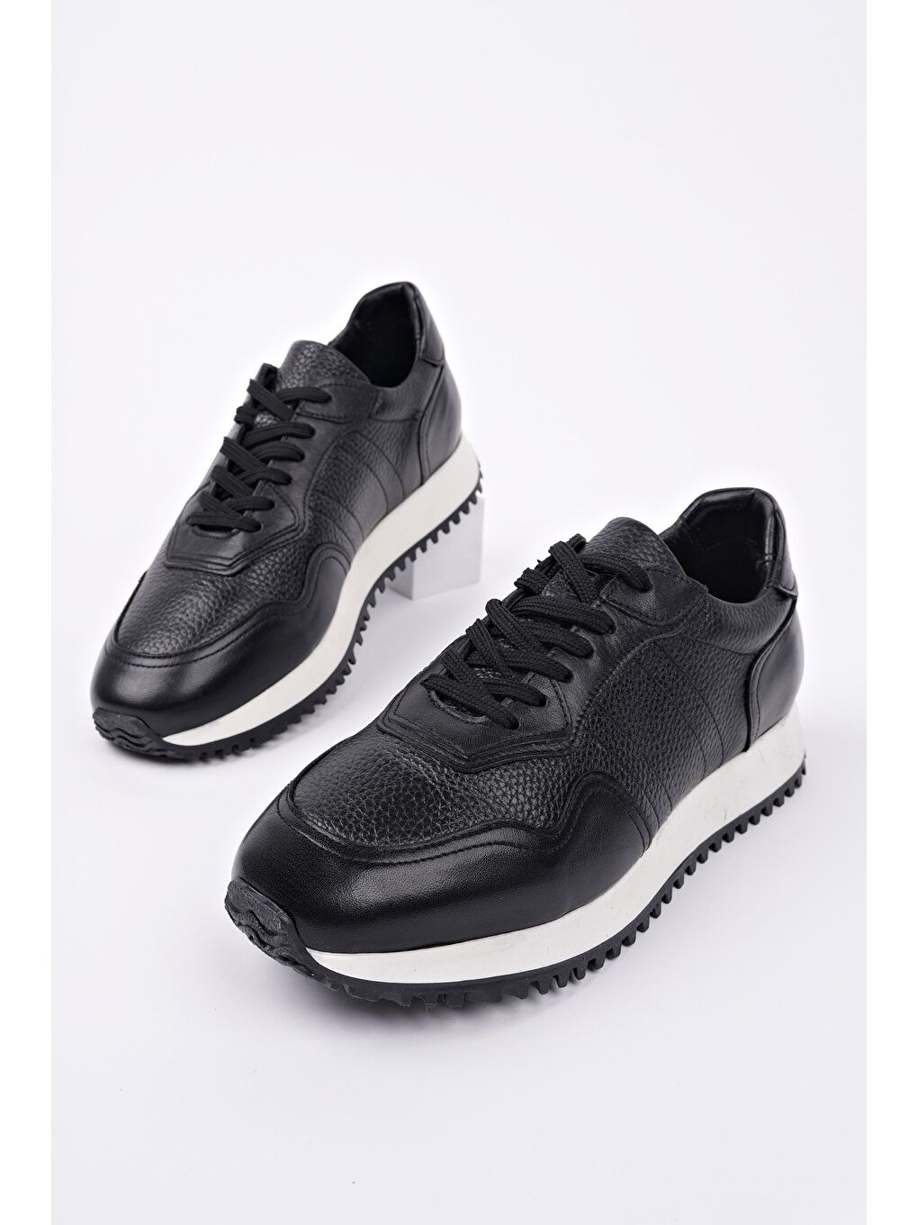 Siyah HARWİL Kalın Taban Bağcıklı Hakiki Deri Erkek Günlük Sneaker Spor Ayakkabı-1
