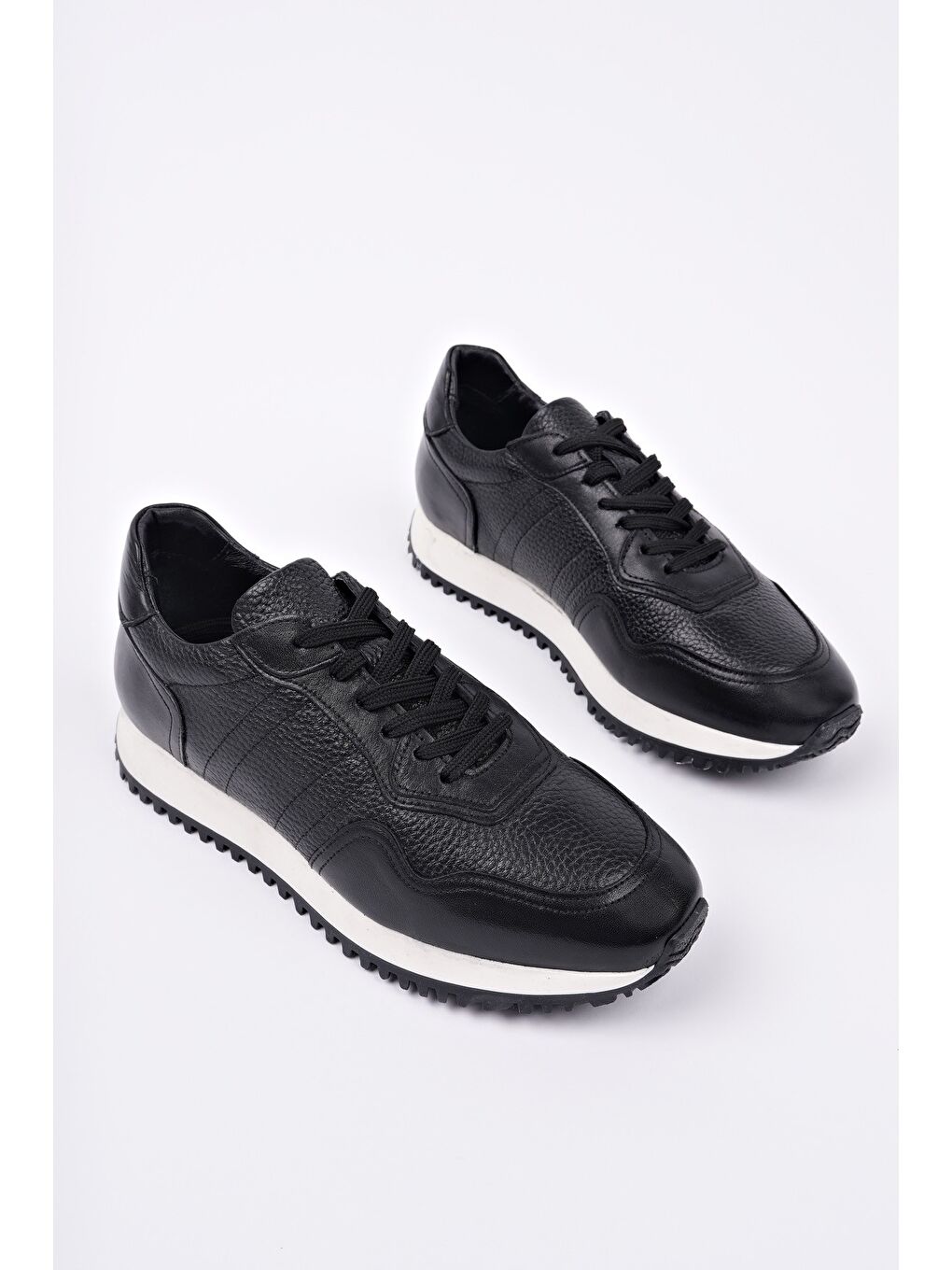 Siyah HARWİL Kalın Taban Bağcıklı Hakiki Deri Erkek Günlük Sneaker Spor Ayakkabı-3