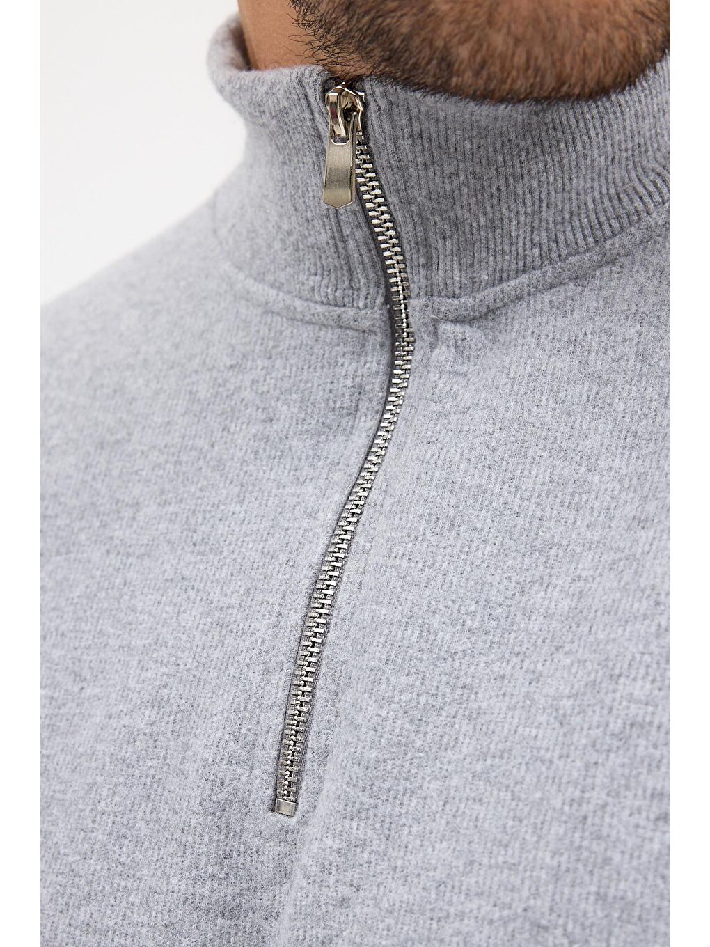 Erkek Gri Standart Fit Normal Kesim Pamuklu Yarım Fermuarlı Dik Yaka Pamuklu Sweatshirt-4