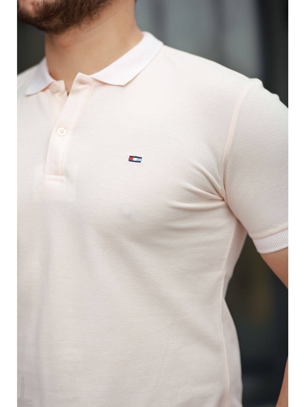 Pembe Erkek Kıvrılmaz Polo Yaka Cepsiz Slim Fit Dar Kesim T-Shirt-1