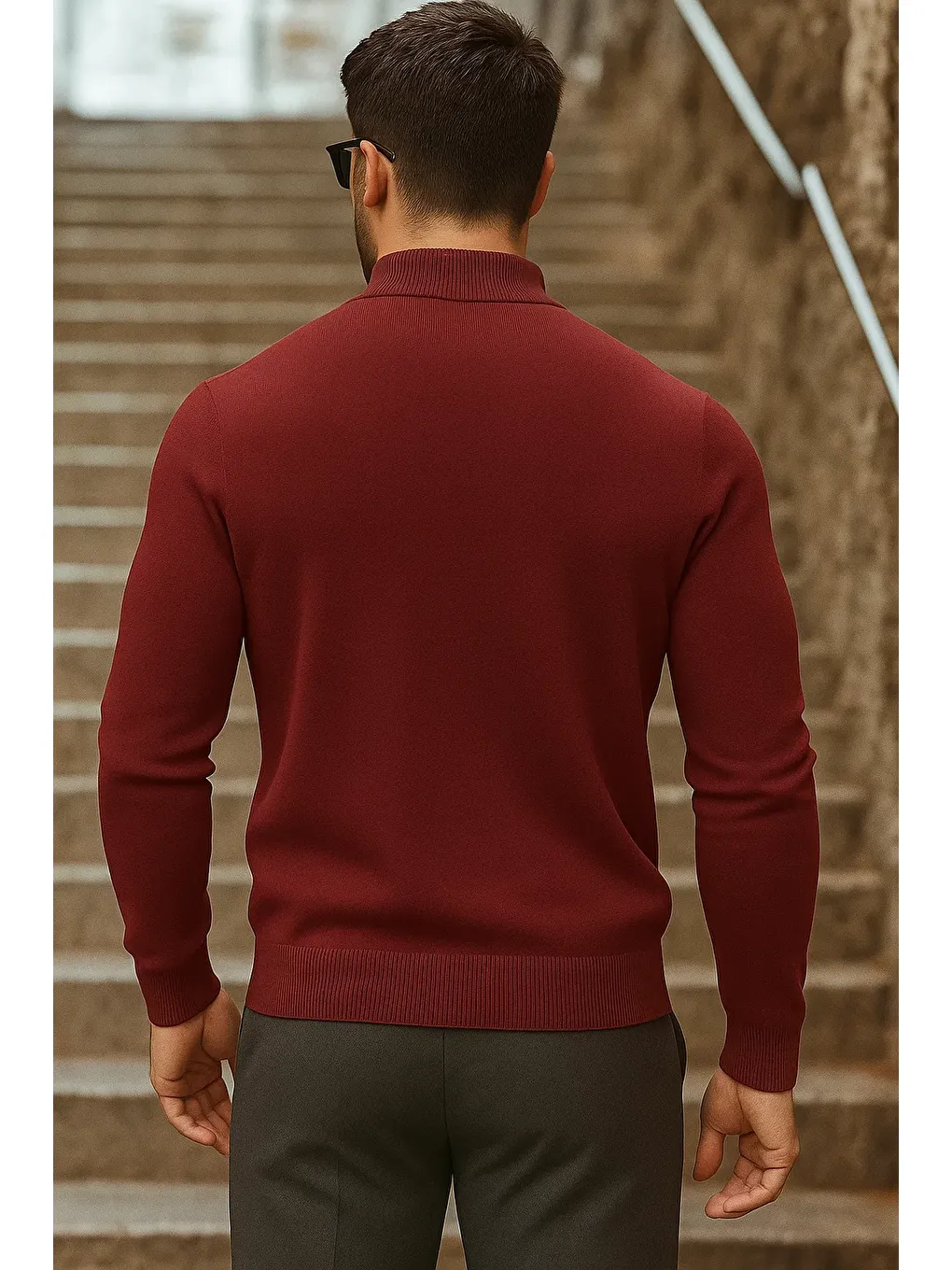 Erkek Yarım Boğazlı Premium Bordo Triko Kazak-5
