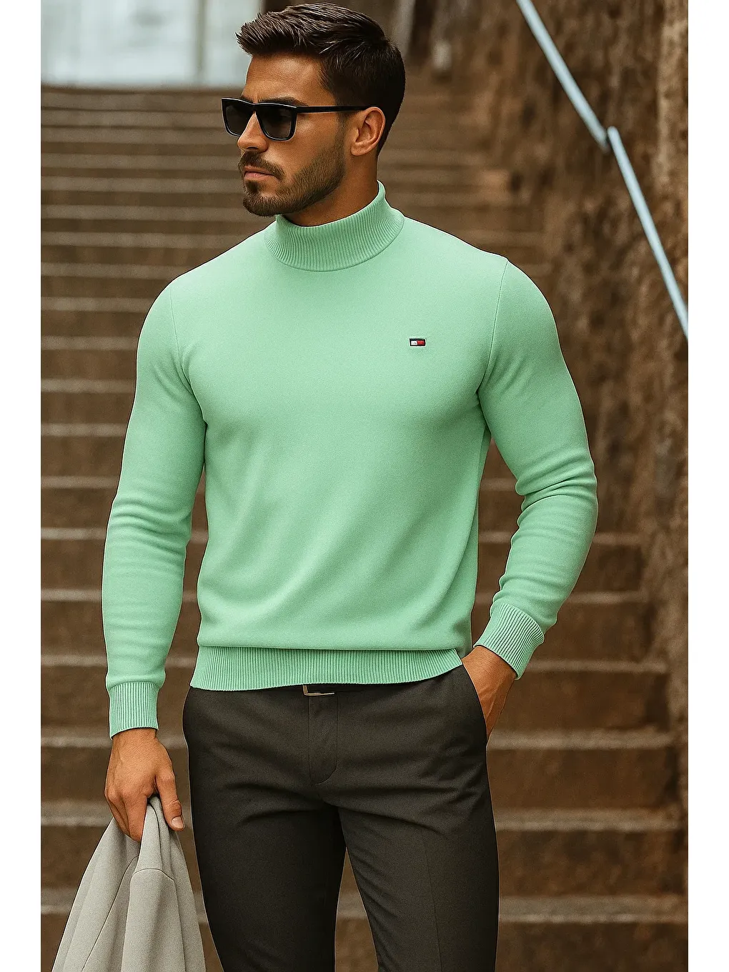 Yeşil Erkek Yarım Boğazlı Premium Mint Triko Kazak-2