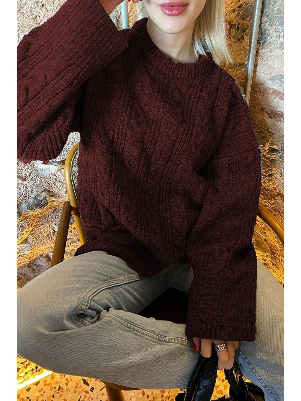 Bordo Bisiklet Yaka Oversize Triko Kazak Mg2009-9