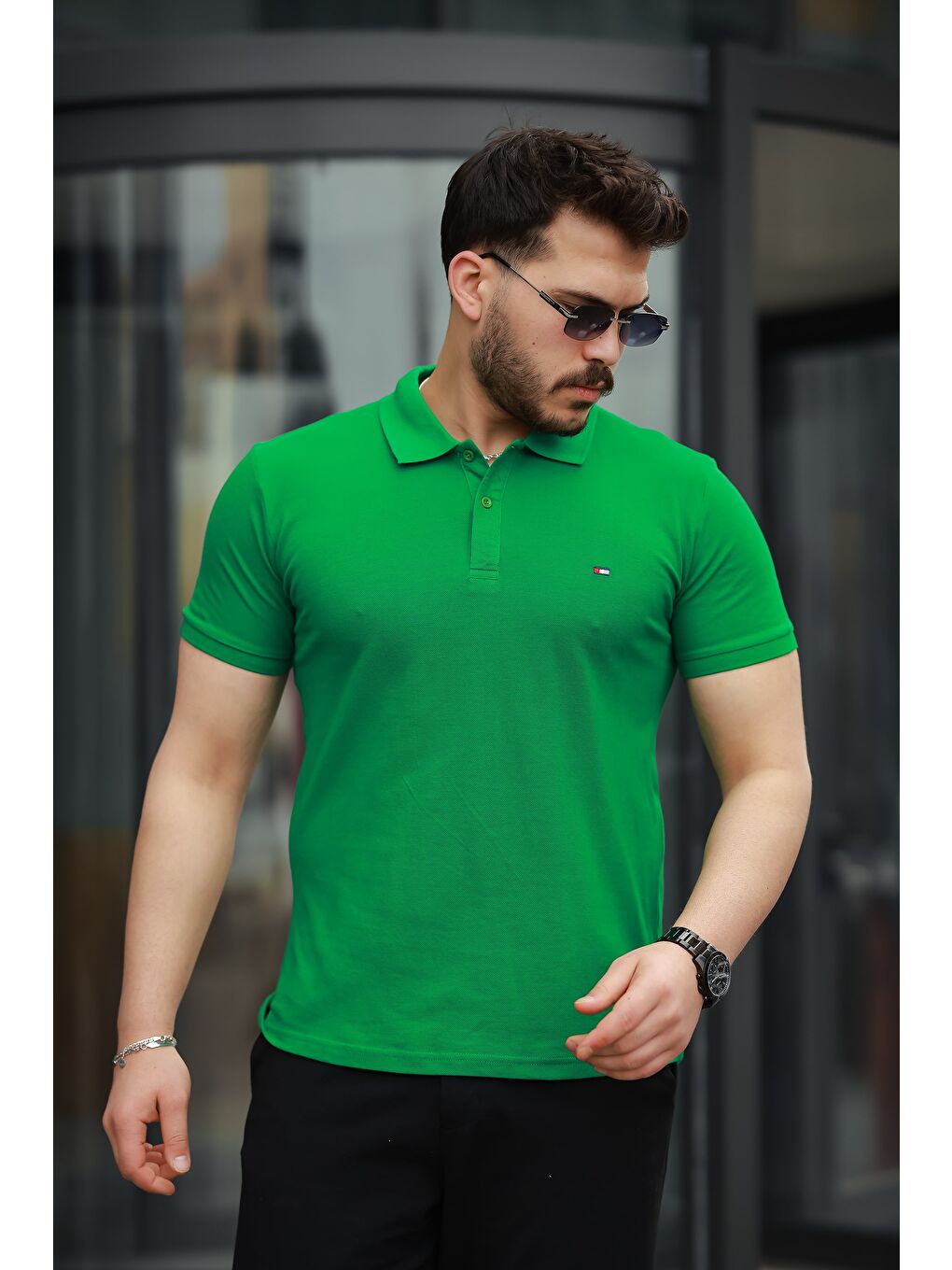 Yeşil Erkek Kıvrılmaz Polo Yaka Cepsiz Slim Fit Dar Kesim T-Shirt