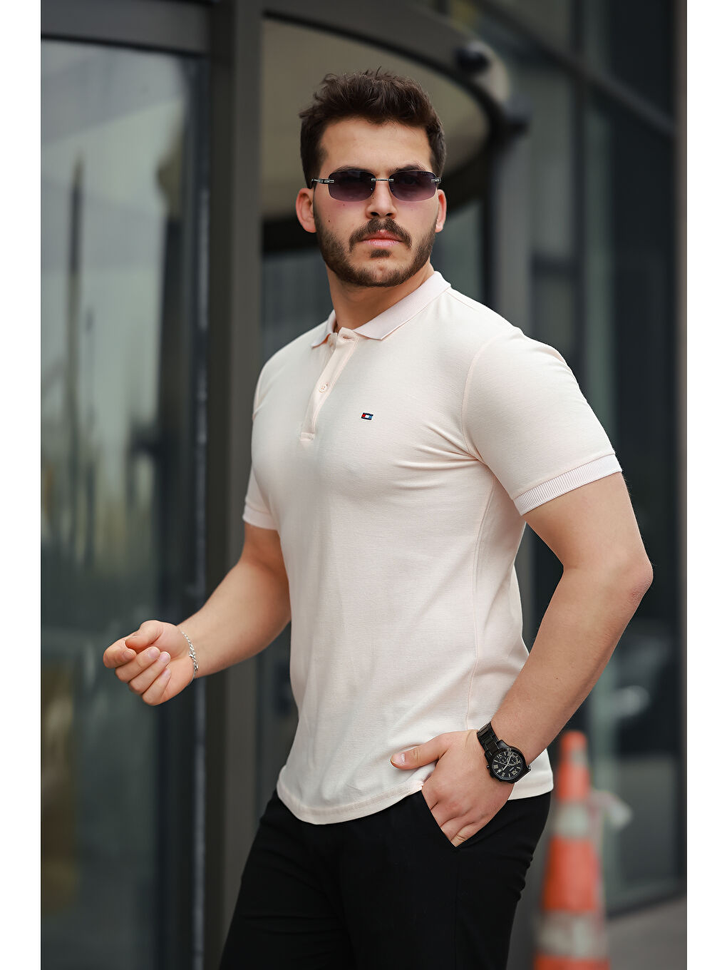 Pembe Erkek Kıvrılmaz Polo Yaka Cepsiz Slim Fit Dar Kesim T-Shirt-2
