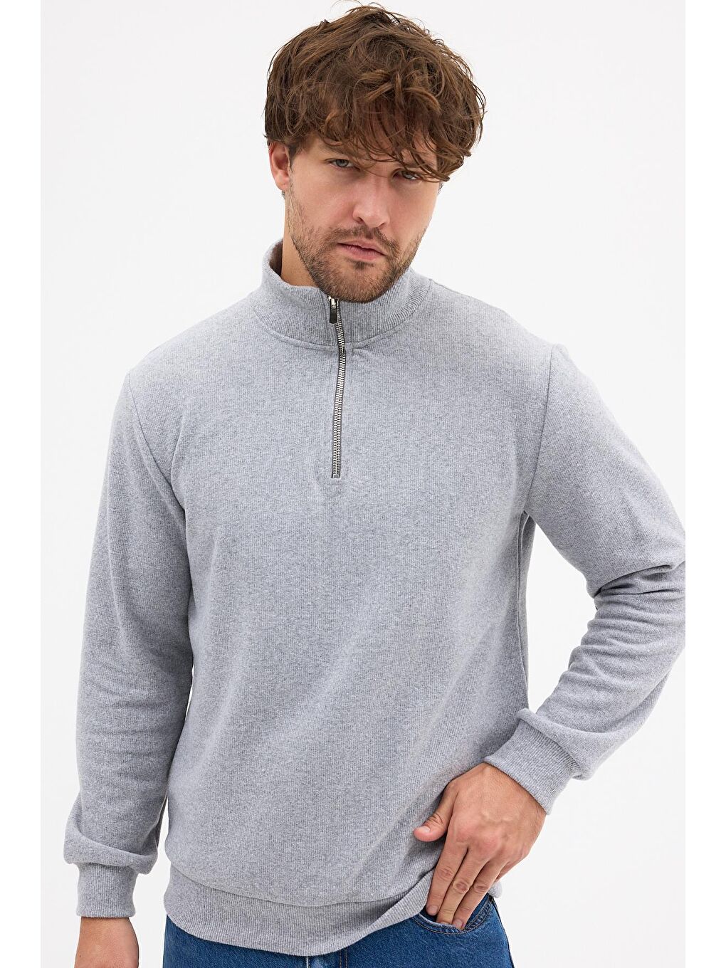 Erkek Gri Standart Fit Normal Kesim Pamuklu Yarım Fermuarlı Dik Yaka Pamuklu Sweatshirt-5