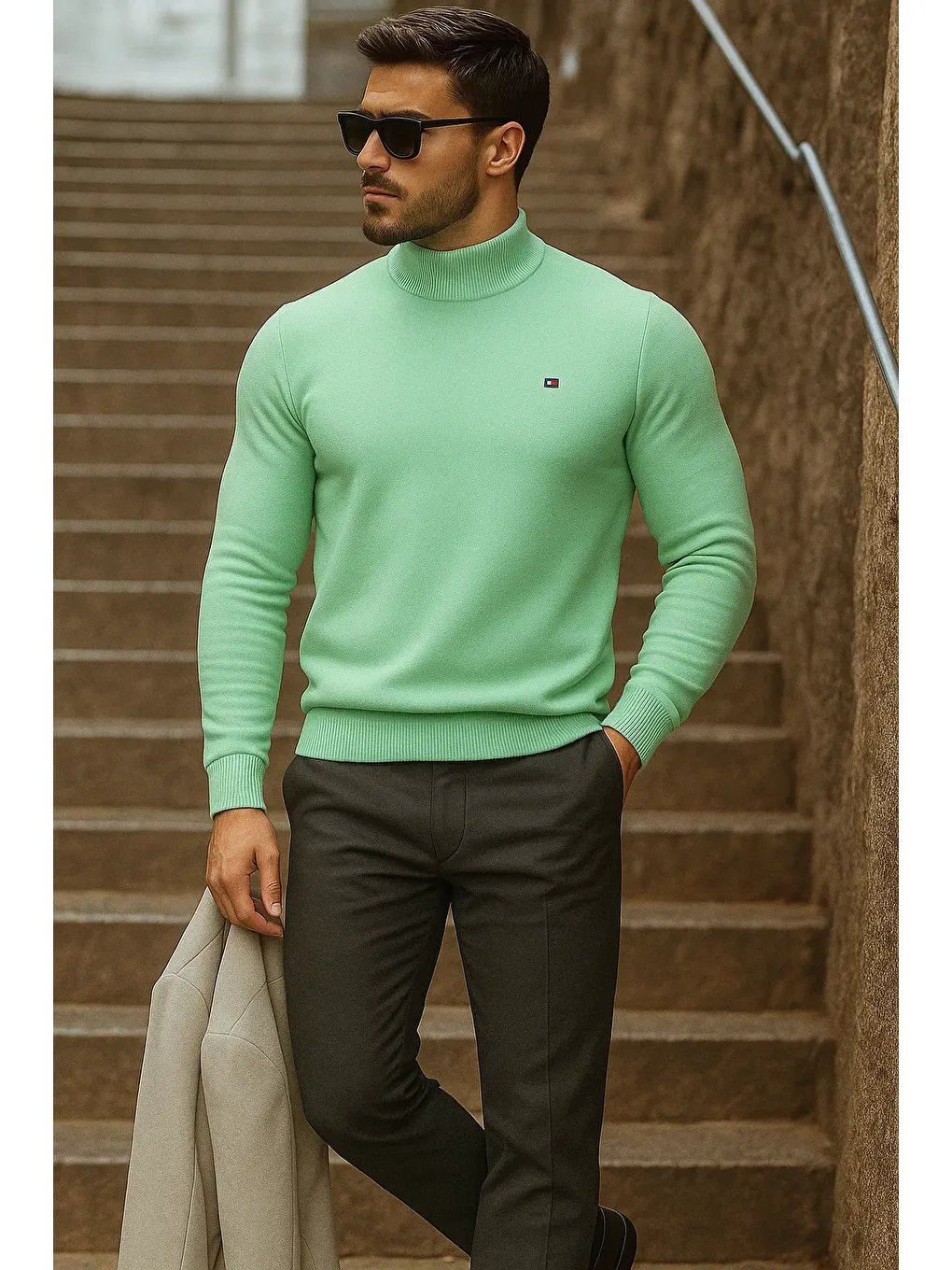 Yeşil Erkek Yarım Boğazlı Premium Mint Triko Kazak-3