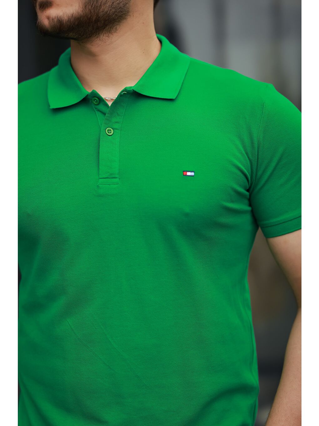 Yeşil Erkek Kıvrılmaz Polo Yaka Cepsiz Slim Fit Dar Kesim T-Shirt-1