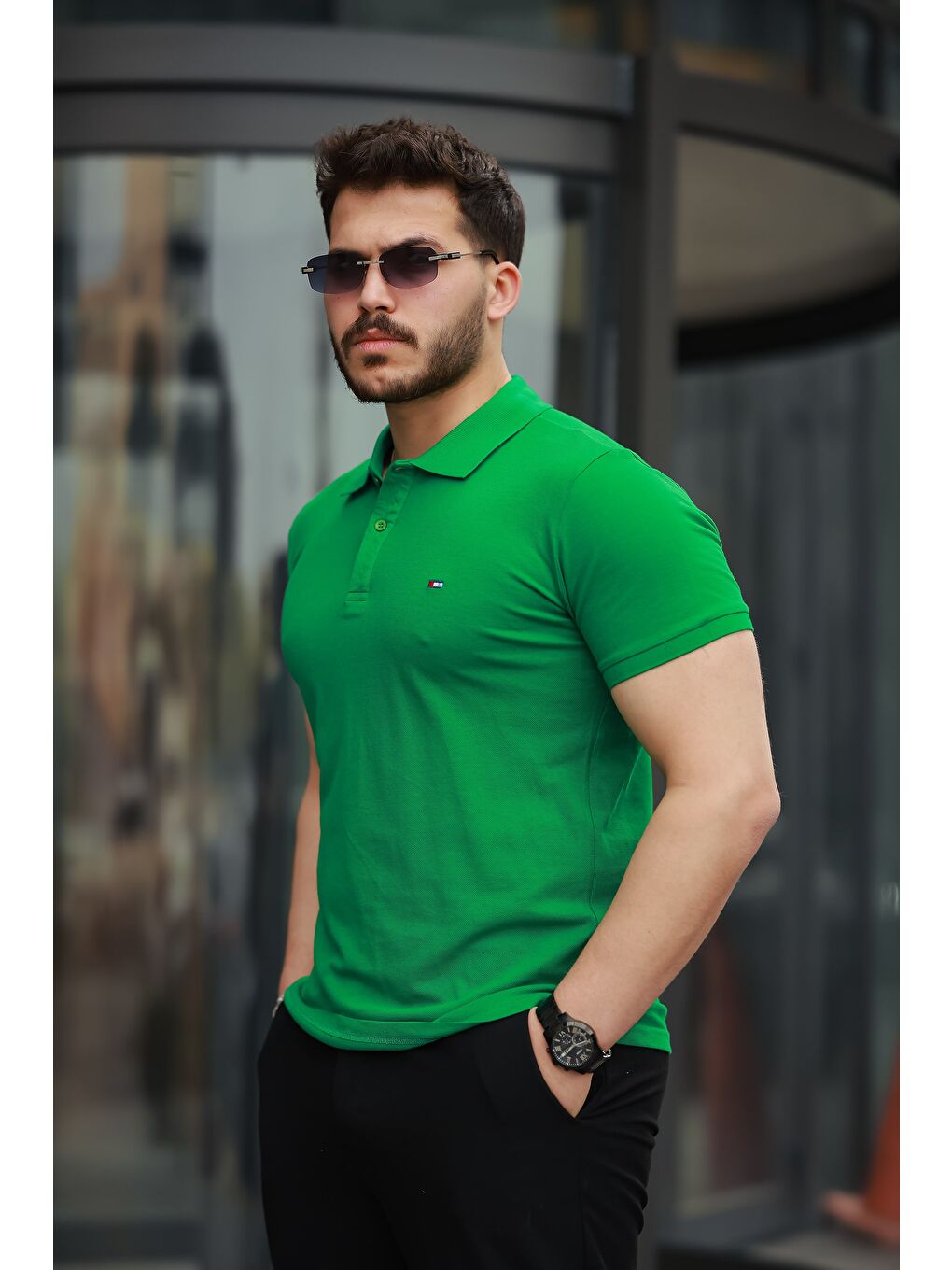 Yeşil Erkek Kıvrılmaz Polo Yaka Cepsiz Slim Fit Dar Kesim T-Shirt-2