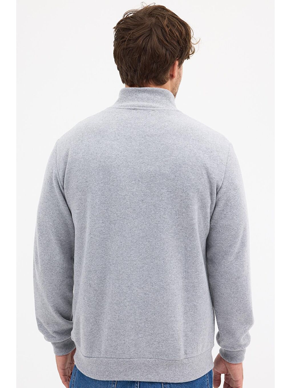 Erkek Gri Standart Fit Normal Kesim Pamuklu Yarım Fermuarlı Dik Yaka Pamuklu Sweatshirt-6