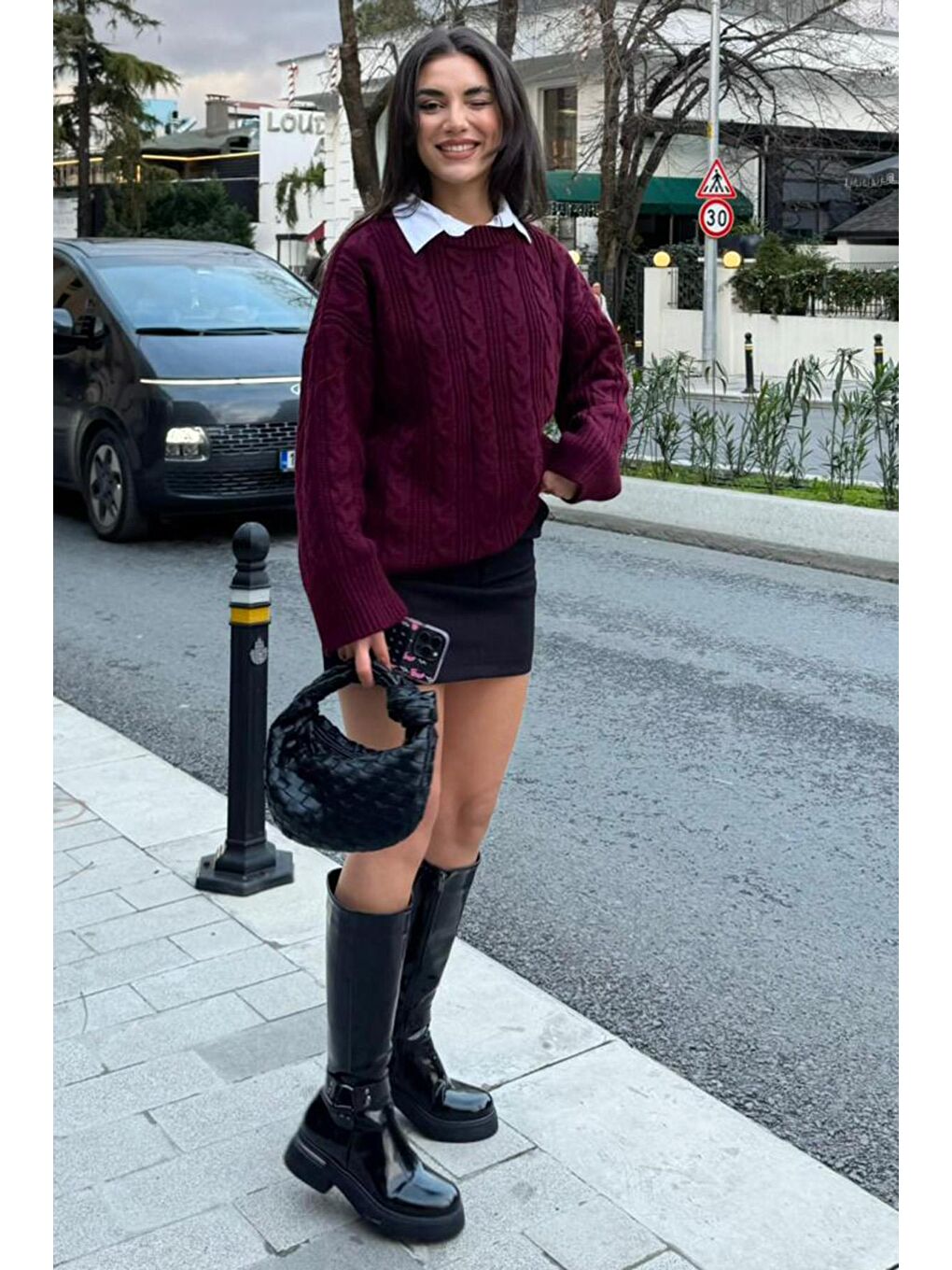 Bordo Bisiklet Yaka Oversize Triko Kazak Mg2009-10