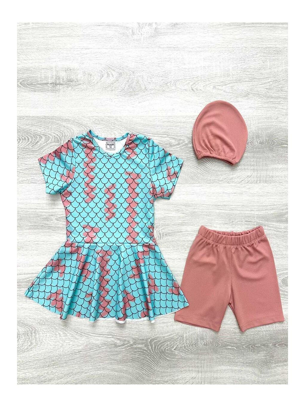 Turkuaz Üç Parça Kız Çocuk Boneli Mayo-1