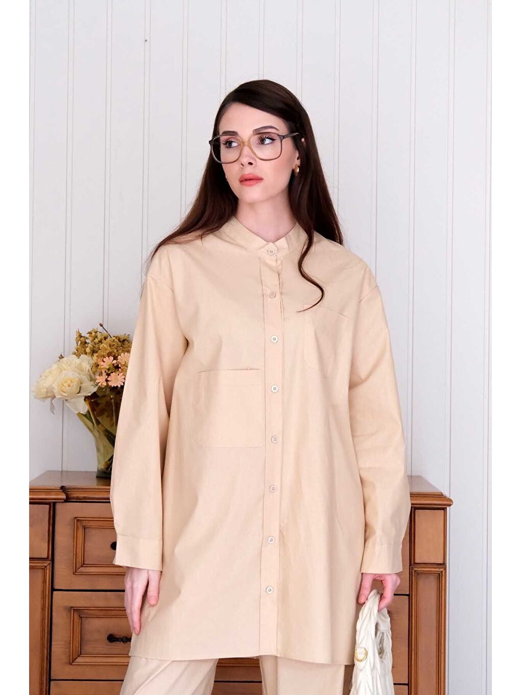 Ekru Krem Çapraz Cep Detay Gömlek-2