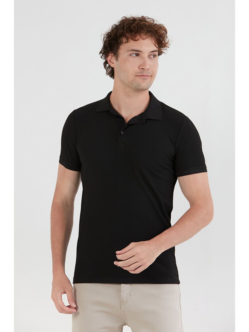 Siyah Fitilli Düğmeli Polo Yaka Slim Fit Tişört