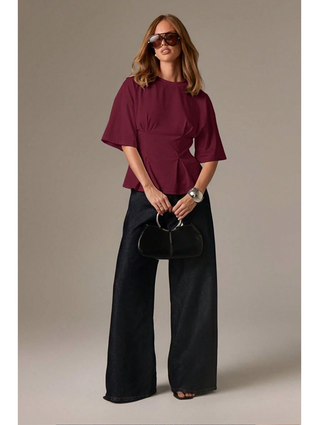 Bordo Kadın Oversize Basic Tişört Pile Detaylı Rahat Kesim Günlük Kombin-3