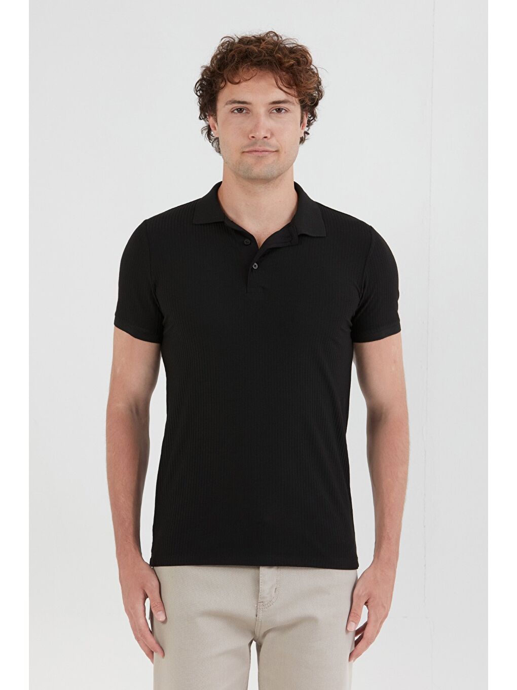 Siyah Fitilli Düğmeli Polo Yaka Slim Fit Tişört-1