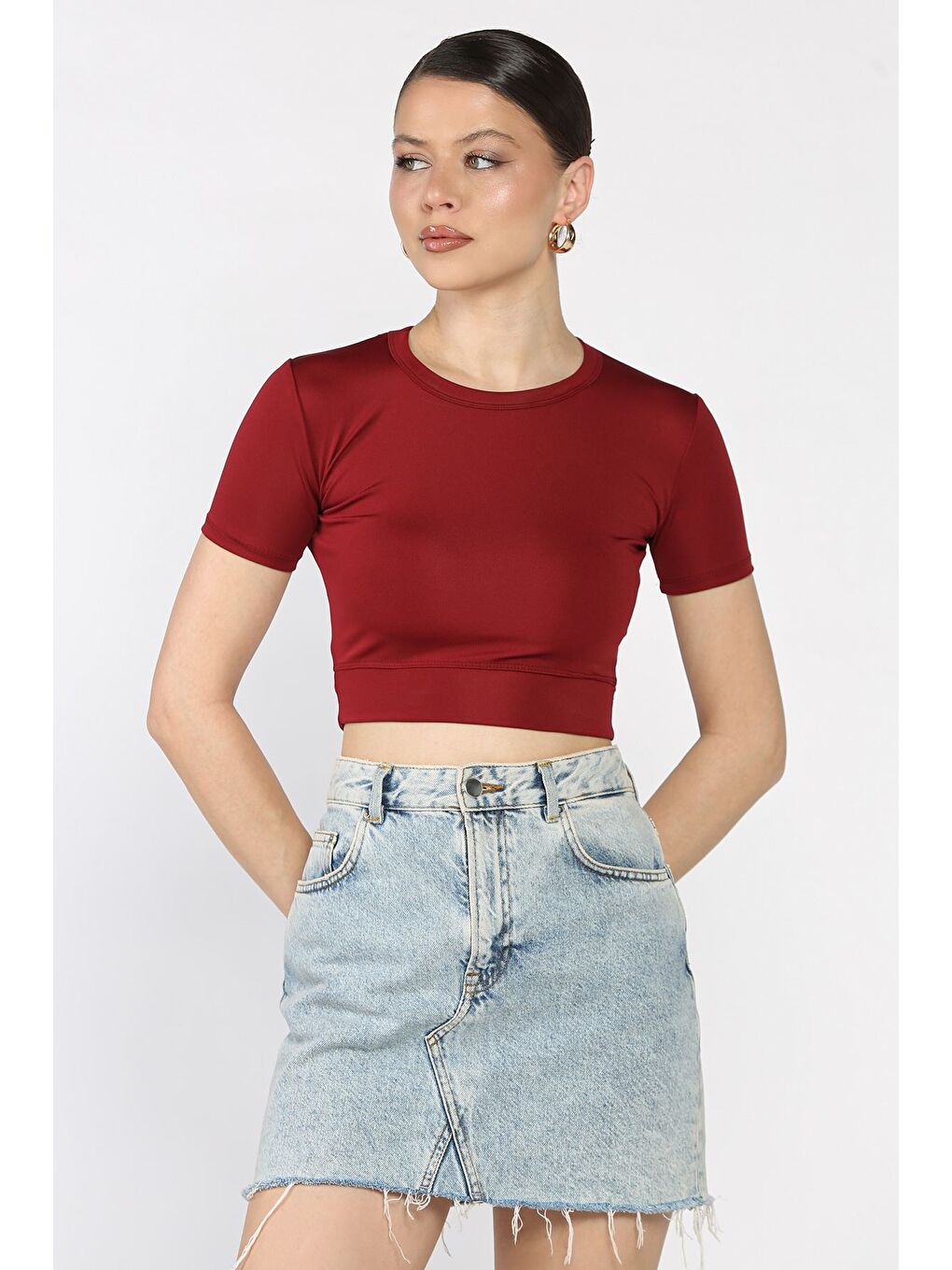 Bordo Kadın Bisiklet Yaka Elastanlı Crop Top Bluz-1