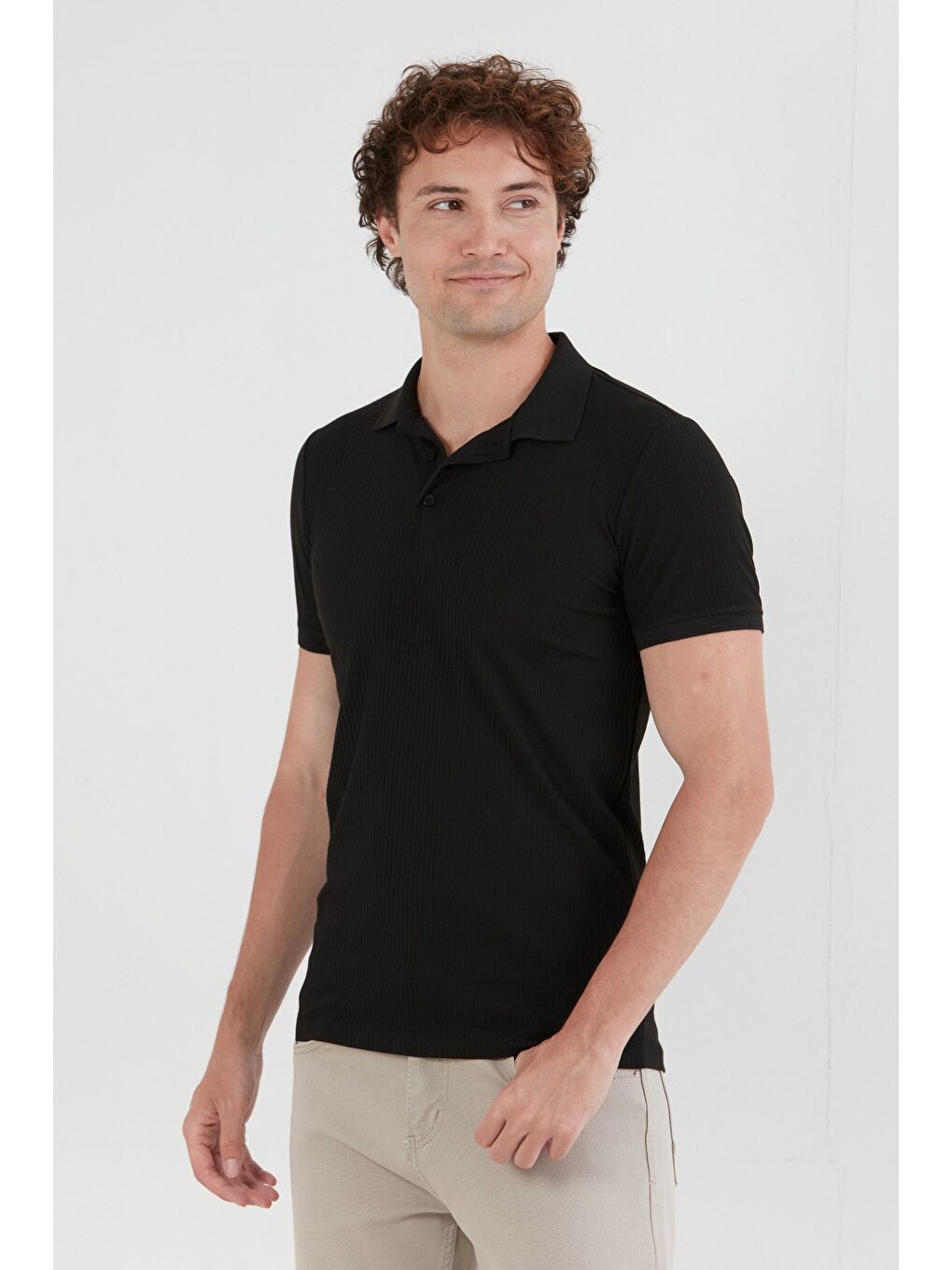 Siyah Fitilli Düğmeli Polo Yaka Slim Fit Tişört-3