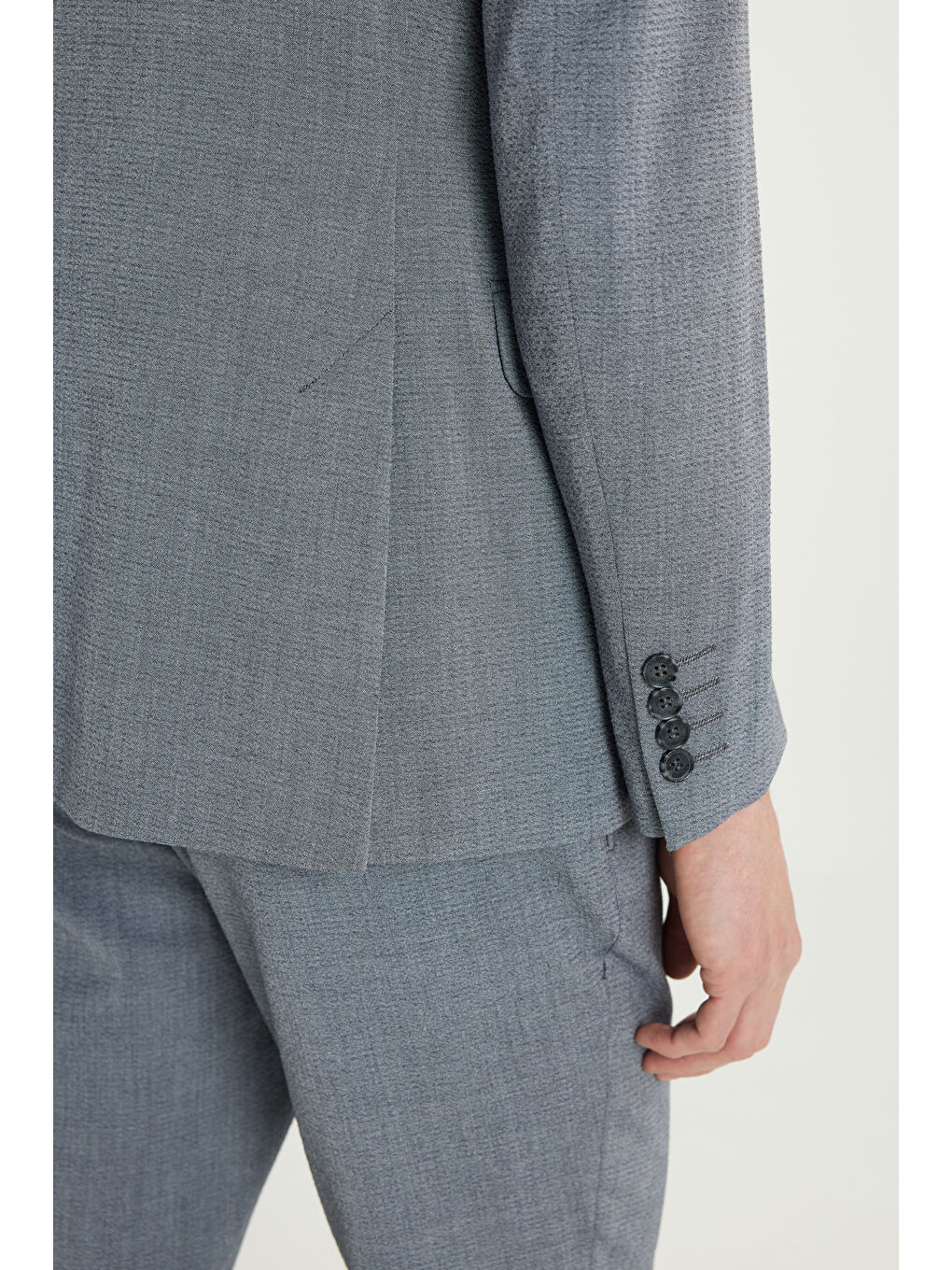 Erkek Gri Slim Fit Dar Kesim Mono Yaka Gofre Desenli Kapak Cepli Esnek Takım Elbise-5