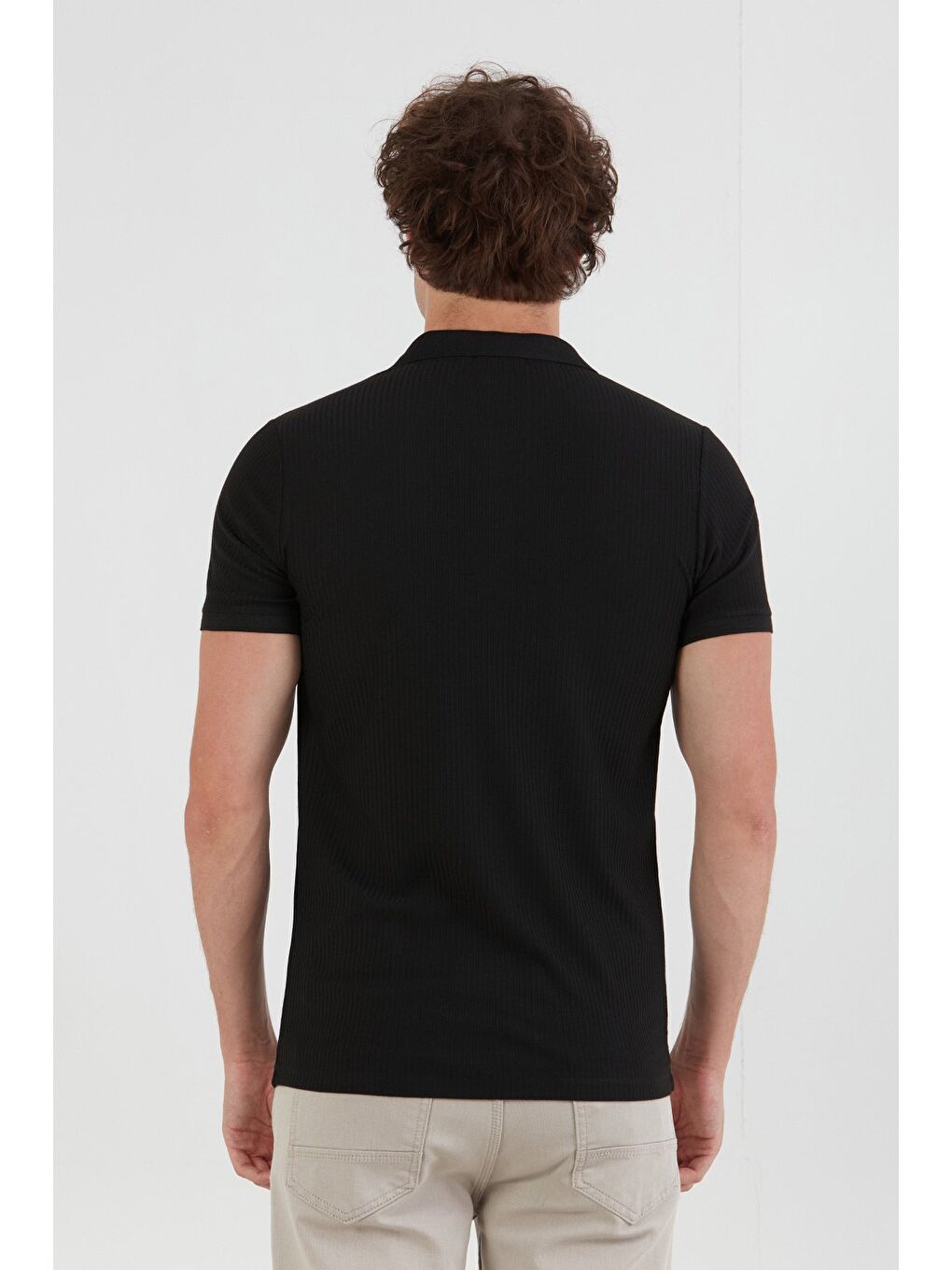 Siyah Fitilli Düğmeli Polo Yaka Slim Fit Tişört-4