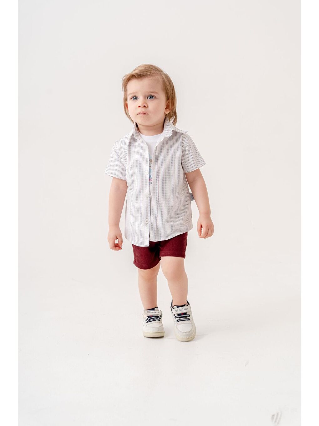 Bordo Tarz Gömlekli Çizgili Belden Ayarlanabilir Kısa Kollu Şortlu 3'lü Takım Bayramlık Düğünlük