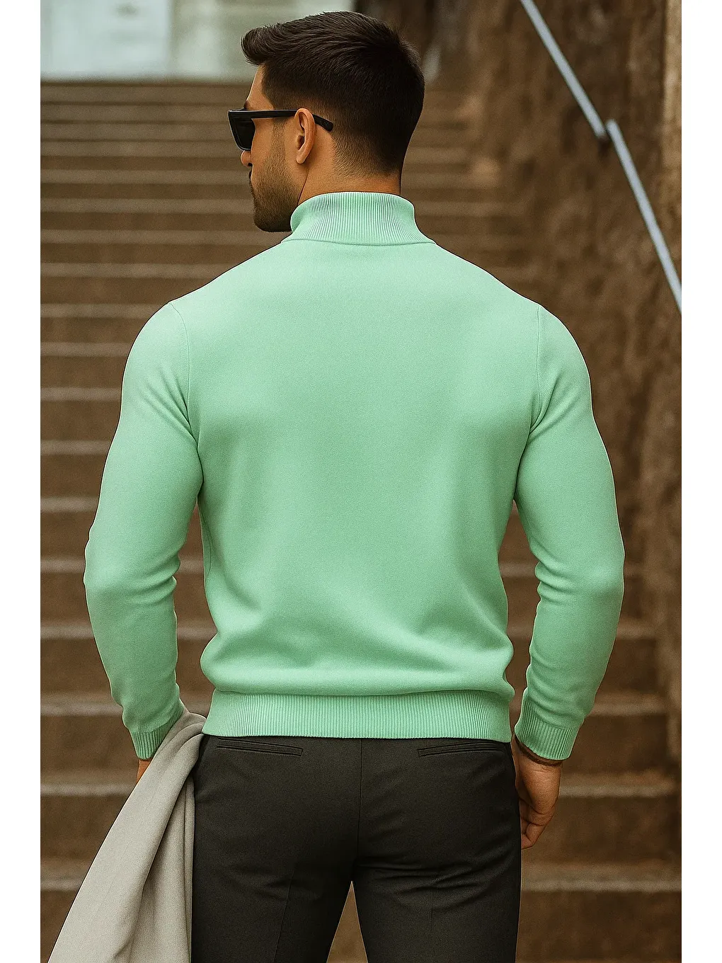 Yeşil Erkek Yarım Boğazlı Premium Mint Triko Kazak-5