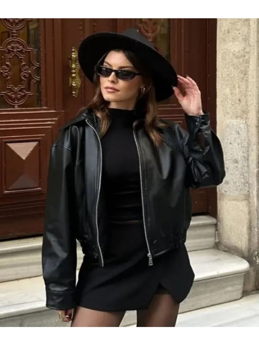 Yeni Sezon Kadın Bomber Deri Ceket Siyah-1